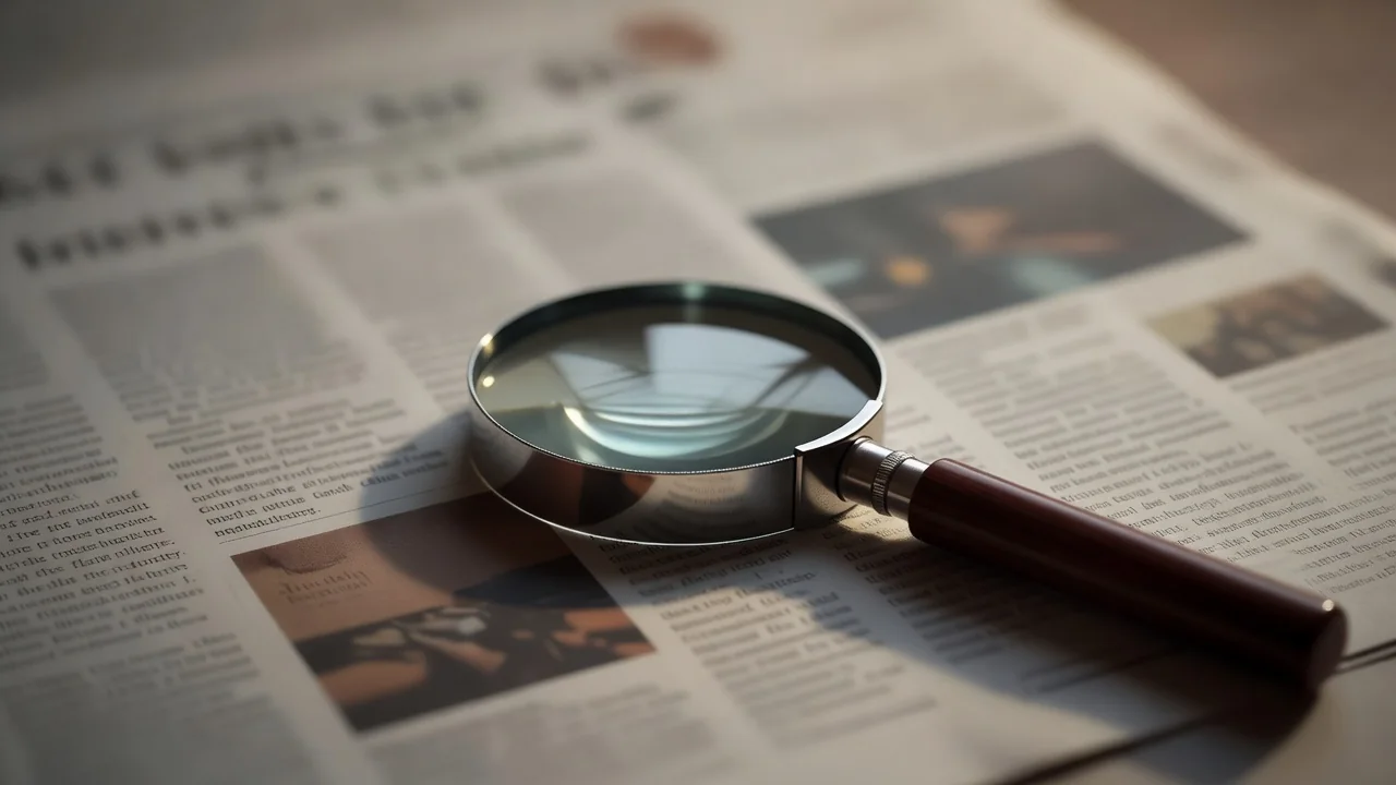 Magnifying glass resting on a blurred newspaper page